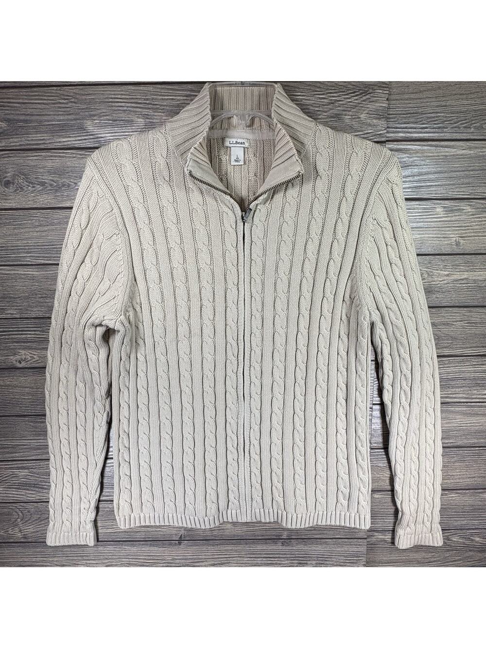 LL Bean Cable Knit Zip Up Sweater Tan Women's Large Fisherman Chunky Classic